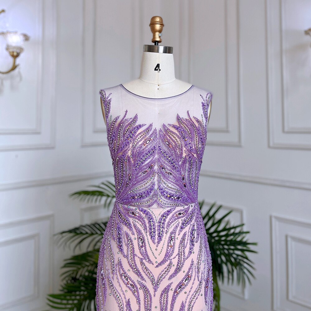 Elegante vestido de noche largo estilo sirena árabe lila con cuentas de lujo de Dubái para mujer, vestido de fiesta de boda 2025 LA71962 