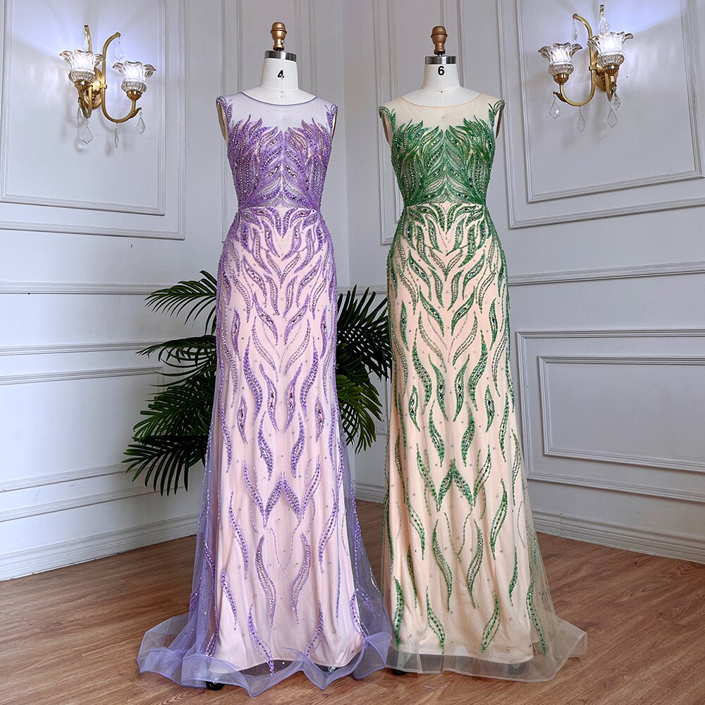 Elegante vestido de noche largo estilo sirena árabe lila con cuentas de lujo de Dubái para mujer, vestido de fiesta de boda 2025 LA71962 