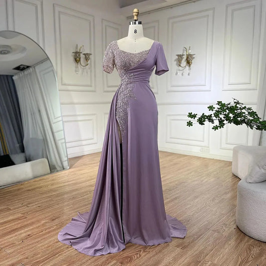 Elegante vestido de noche de sirena árabe lila con cuentas de satén gris de Dubái para mujer, vestido de fiesta de boda LA72583 