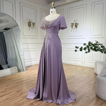 Elegante vestido de noche de sirena árabe lila con cuentas de satén gris de Dubái para mujer, vestido de fiesta de boda LA72583 