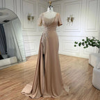 Arabic Lilac Mermaid Elegant Satin Beaded Luxury Dubai Gray Evening Dresses Gowns For Women Wedding Party LA72583