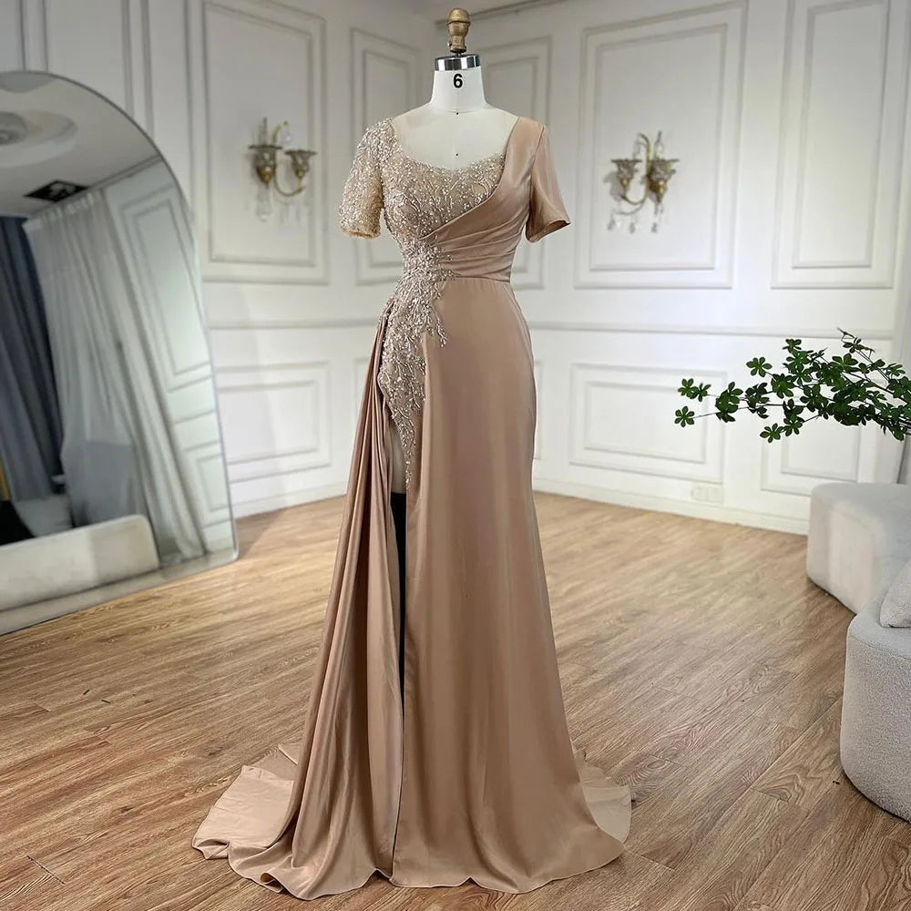 Arabic Lilac Mermaid Elegant Satin Beaded Luxury Dubai Gray Evening Dresses Gowns For Women Wedding Party LA72583