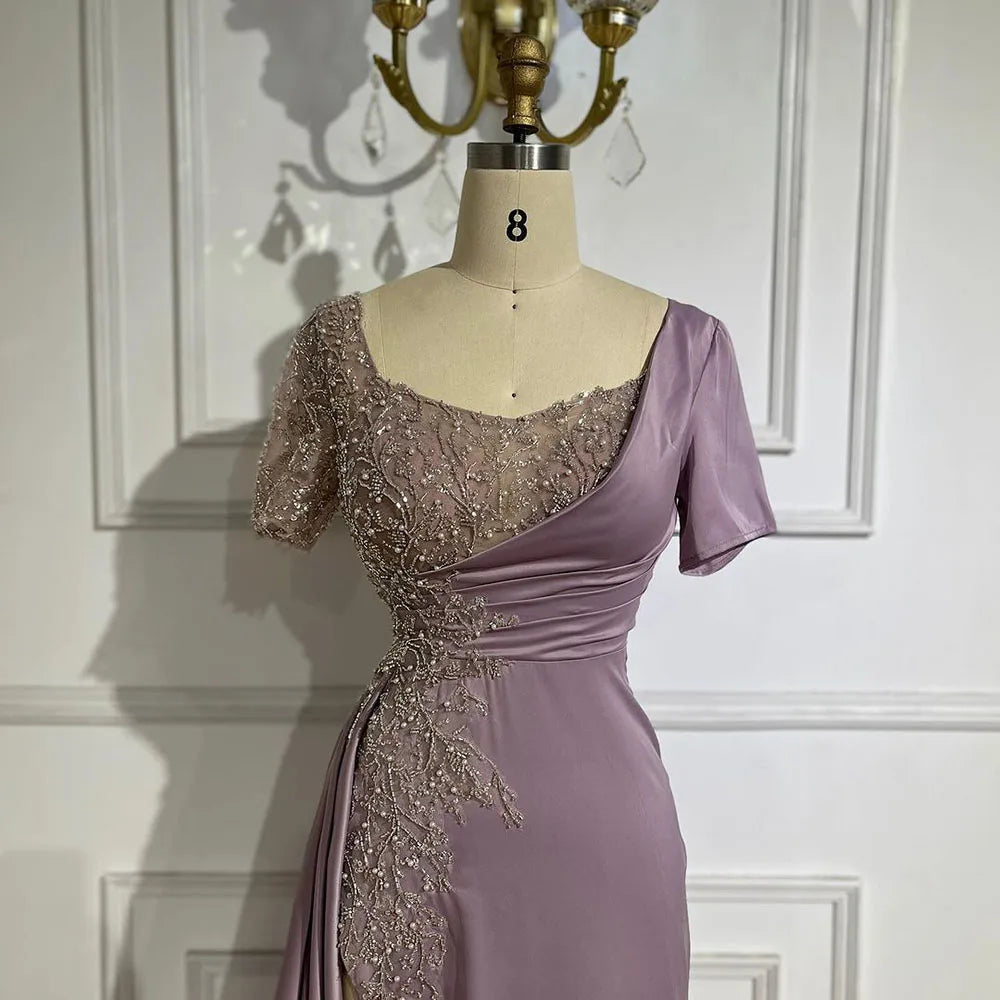 Elegante vestido de noche de sirena árabe lila con cuentas de satén gris de Dubái para mujer, vestido de fiesta de boda LA72583 