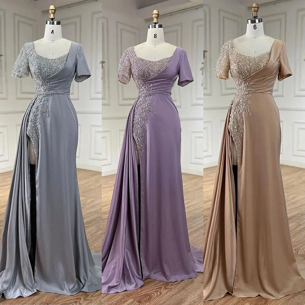 Elegante vestido de noche de sirena árabe lila con cuentas de satén gris de Dubái para mujer, vestido de fiesta de boda LA72583 