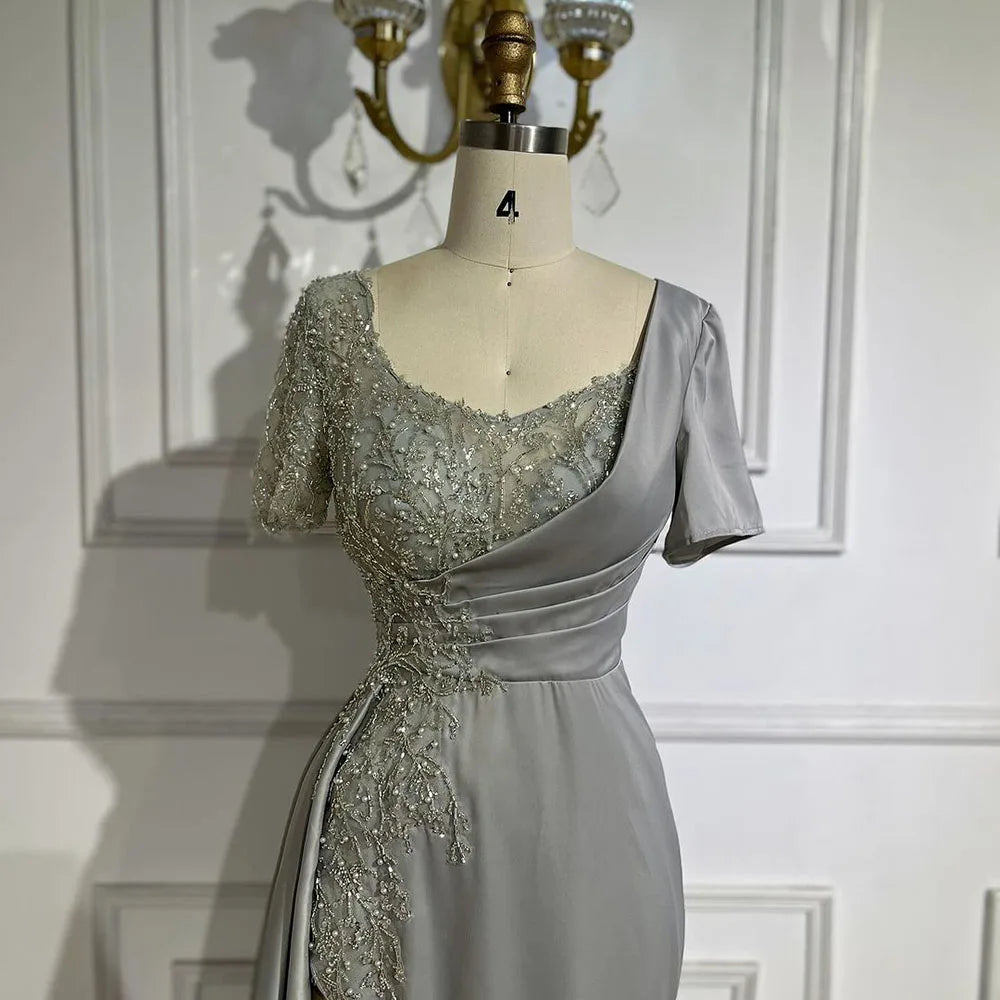 Elegante vestido de noche de sirena árabe lila con cuentas de satén gris de Dubái para mujer, vestido de fiesta de boda LA72583 