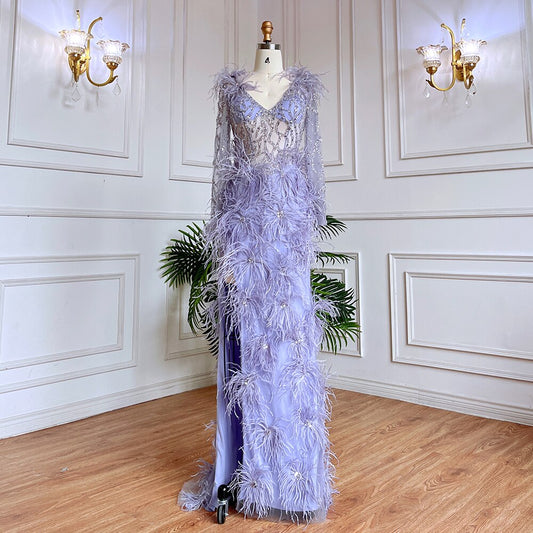 Vestido de noche estilo sirena árabe lila, sexy, con abertura alta y falda con plumas y cuentas, para mujer, fiesta, LA71989 