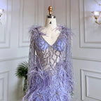 Arabic Lilac Mermaid Sexy High Split With Skirt Beaded Feathers Evening Dresses Gowns 2025 For Women Party LA71989