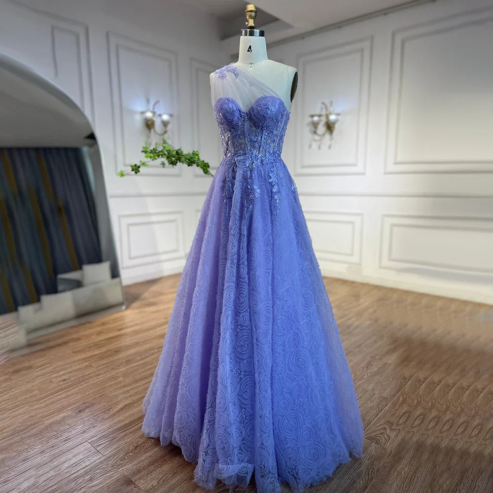 Vestido de fiesta de lujo árabe lila de un solo hombro con apliques de encaje, corte A, para mujer, 2025 LA72637 