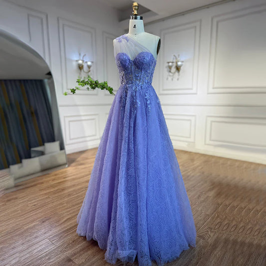 Vestido de fiesta de lujo árabe lila de un solo hombro con apliques de encaje, corte A, para mujer, 2025 LA72637 