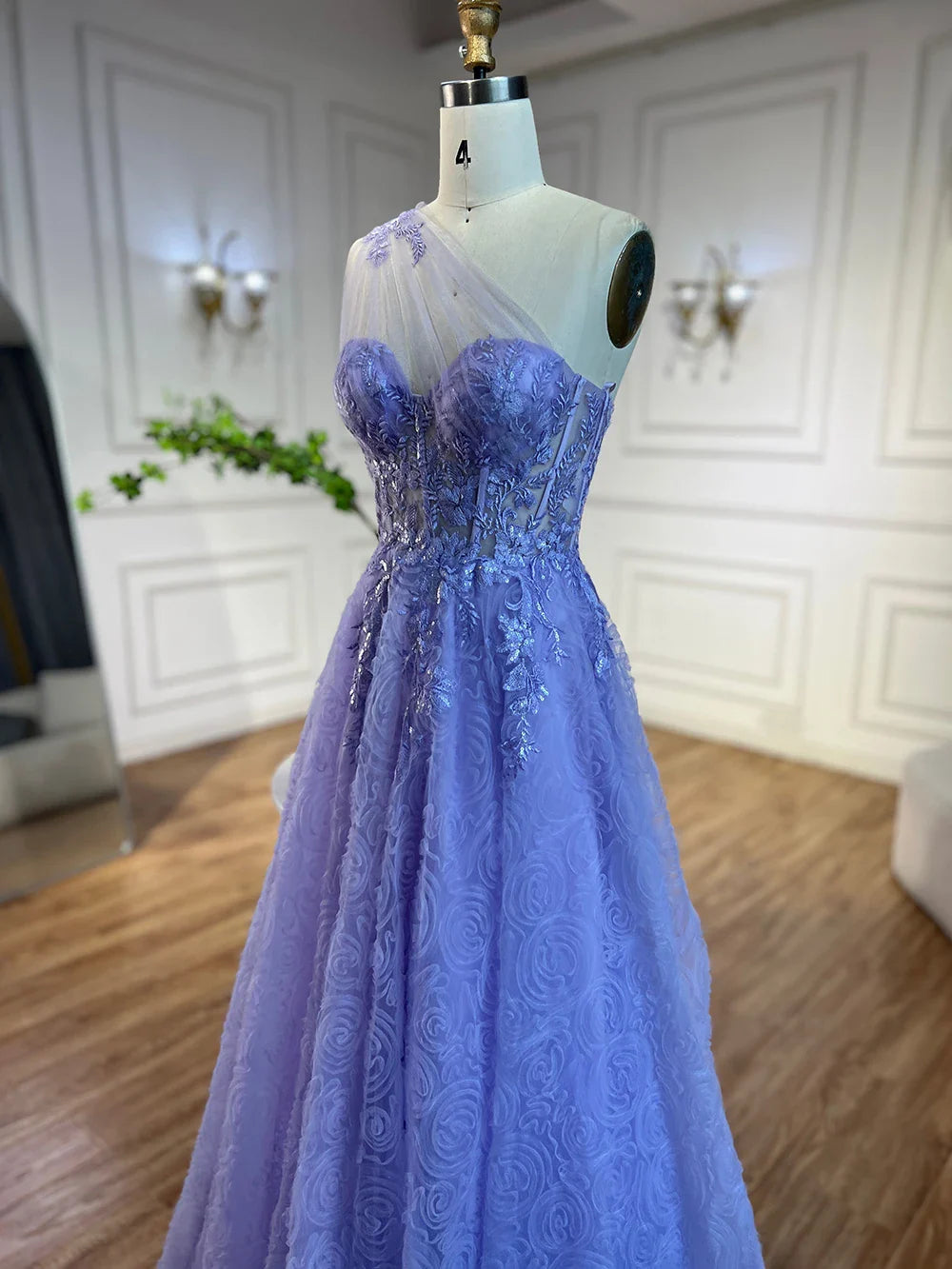Arabisches lilafarbenes One-Shoulder-A-Linien-Spitzenapplikationen-Luxus-Ballkleid für Damenparty 2025 LA72637 