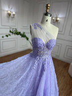 Arabisches lilafarbenes One-Shoulder-A-Linien-Spitzenapplikationen-Luxus-Ballkleid für Damenparty 2025 LA72637 