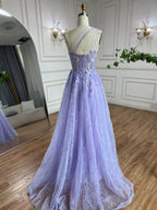 Arabisches lilafarbenes One-Shoulder-A-Linien-Spitzenapplikationen-Luxus-Ballkleid für Damenparty 2025 LA72637 