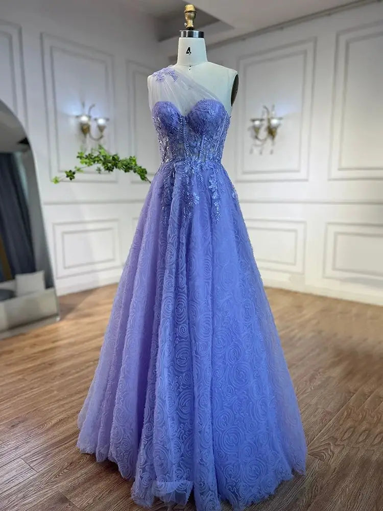 Arabisches lilafarbenes One-Shoulder-A-Linien-Spitzenapplikationen-Luxus-Ballkleid für Damenparty 2025 LA72637 