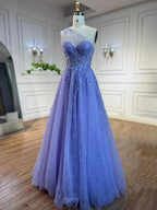 Arabisches lilafarbenes One-Shoulder-A-Linien-Spitzenapplikationen-Luxus-Ballkleid für Damenparty 2025 LA72637 