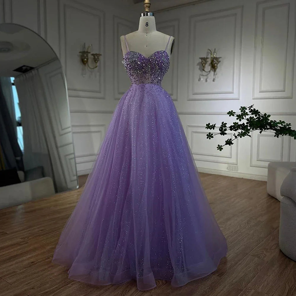 Vestidos de noche árabes de Dubái, de lujo, con tirantes finos, corte A y cuentas, para mujer, para fiesta 2025, LA72571 