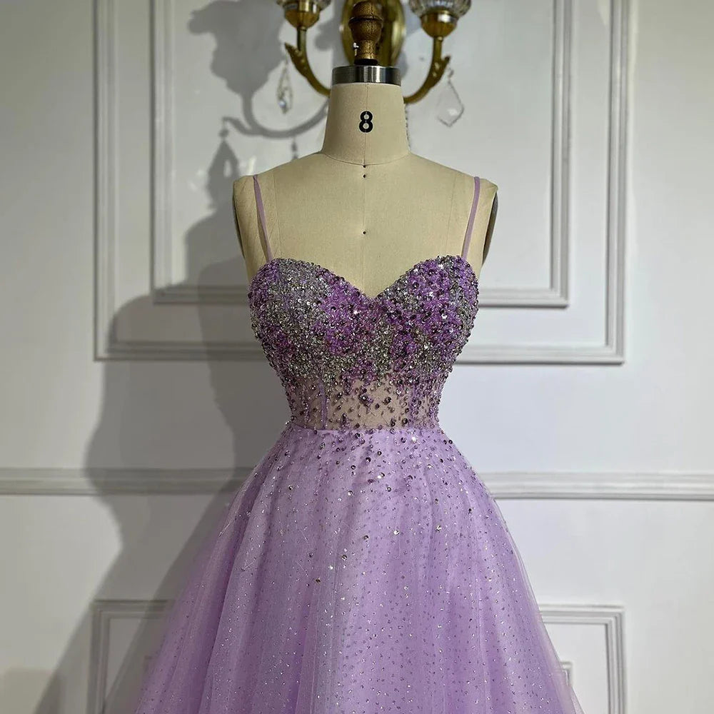 Arabic Lilac Spaghetti Strap A Line Beaded Luxury Dubai Evening Dresses Gowns for Women's Party 2025 LA72571