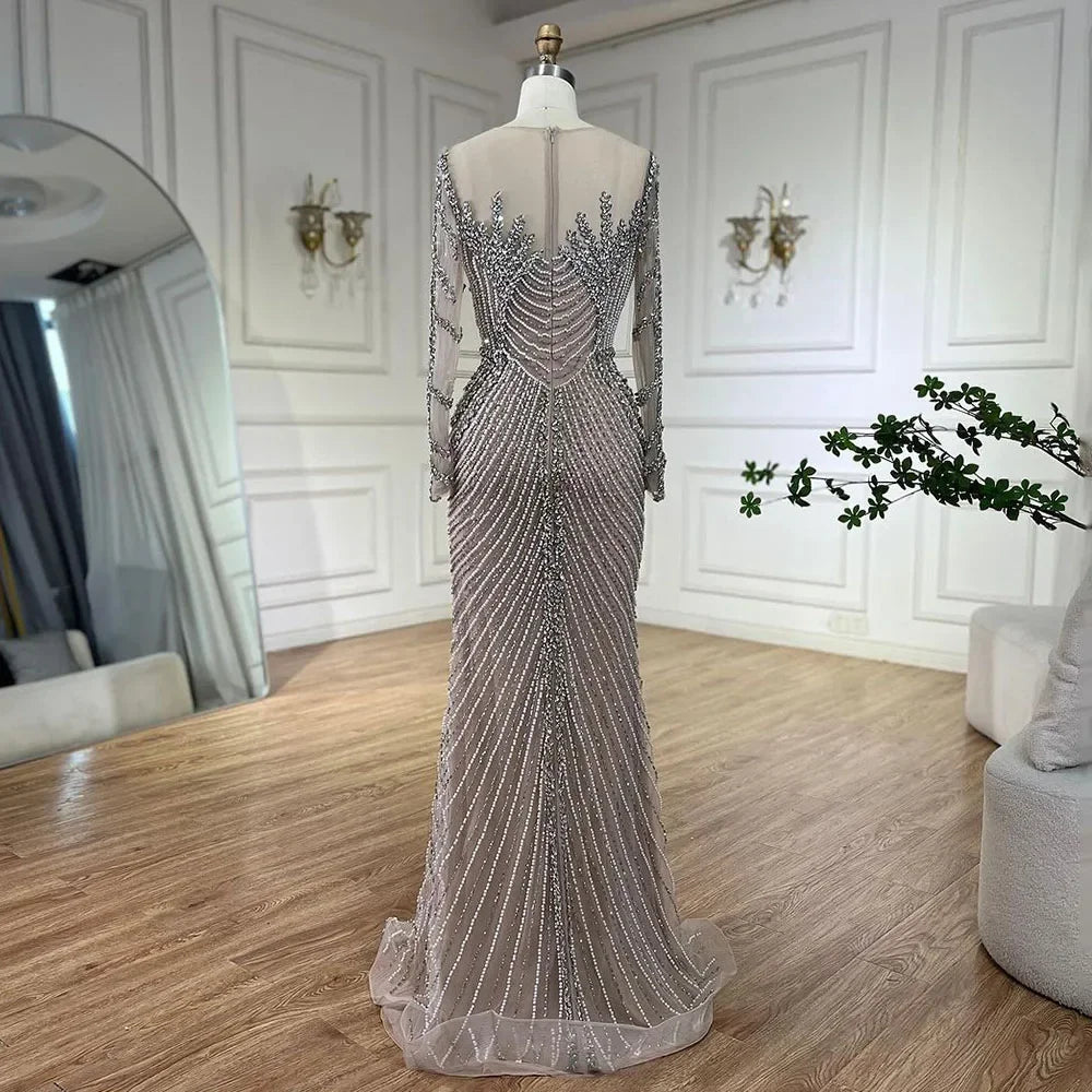 Vestidos de noche árabes de lujo con perlas de cristal color nude y plateados de Dubái para mujer, vestido formal de boda, fiesta de graduación, 2025 LA72478 