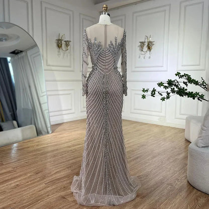 Vestidos de noche árabes de lujo con perlas de cristal color nude y plateados de Dubái para mujer, vestido formal de boda, fiesta de graduación, 2025 LA72478 