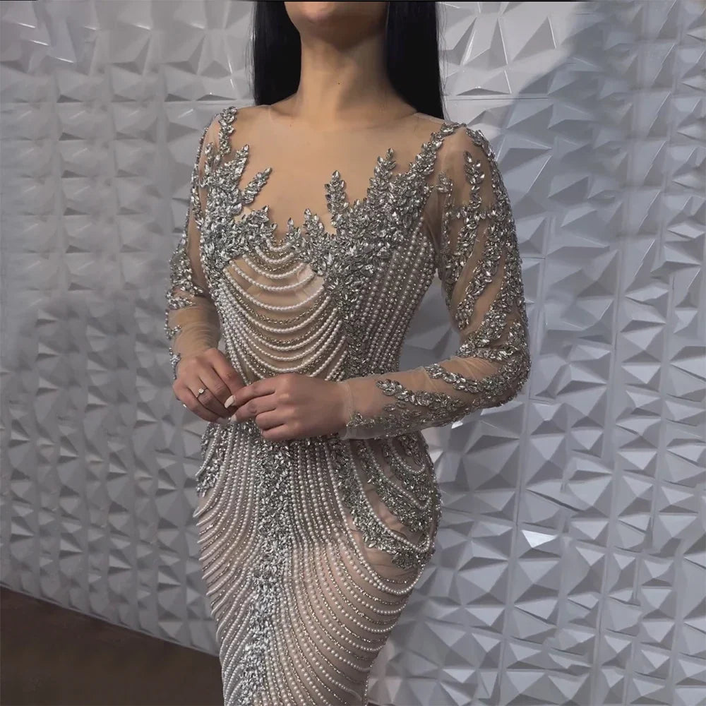 Arabic Luxury Crystal Pearls Sliver Nude Dubai Evening Dresses for Women Wedding Formal Prom Party Gown 2025 LA72478