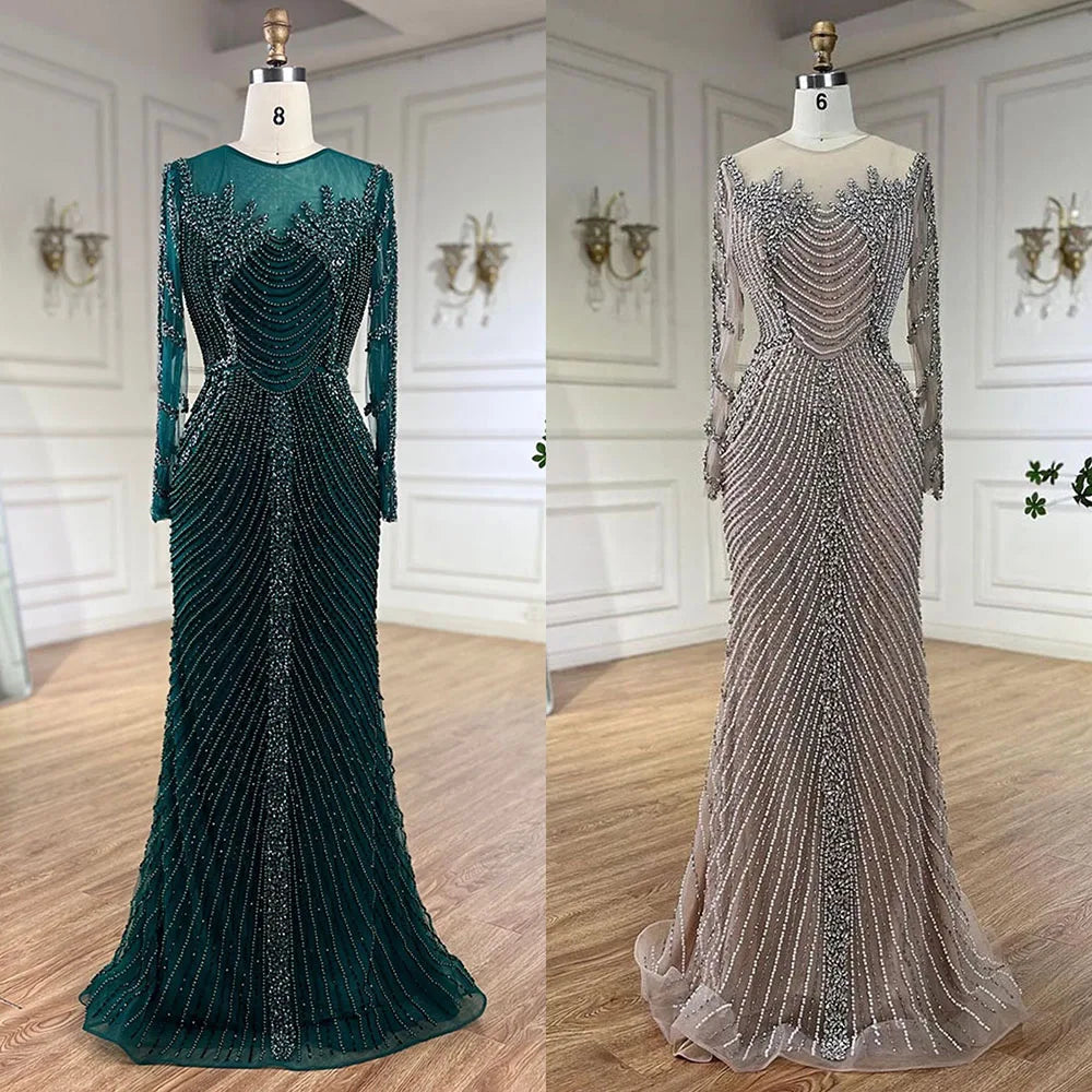 Vestidos de noche árabes de lujo con perlas de cristal color nude y plateados de Dubái para mujer, vestido formal de boda, fiesta de graduación, 2025 LA72478 