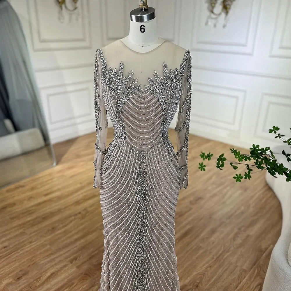 Arabic Luxury Crystal Pearls Sliver Nude Dubai Evening Dresses for Women Wedding Formal Prom Party Gown 2025 LA72478