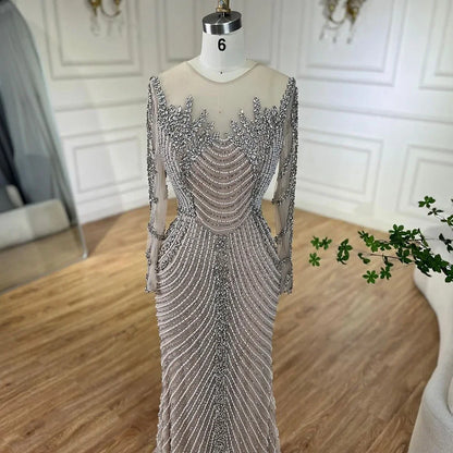 Vestidos de noche árabes de lujo con perlas de cristal color nude y plateados de Dubái para mujer, vestido formal de boda, fiesta de graduación, 2025 LA72478 