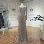 Vestidos de noche árabes de lujo con perlas de cristal color nude y plateados de Dubái para mujer, vestido formal de boda, fiesta de graduación, 2025 LA72478 