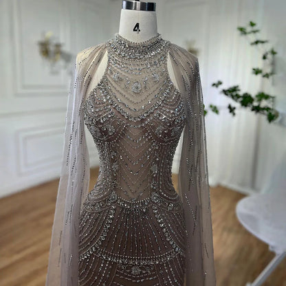 Luxuriöses Dubai Champagner Meerjungfrau Abendkleid mit Cape-Ärmeln LA72138