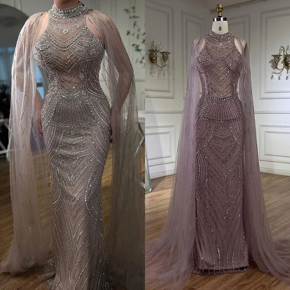 Luxuriöses Dubai Champagner Meerjungfrau Abendkleid mit Cape-Ärmeln LA72138