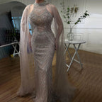 Luxury Dubai Champagne Mermaid Evening Dresses with Cape Sleeves LA72138