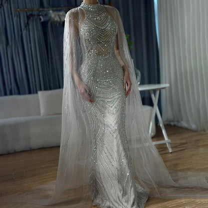 Luxuriöses Dubai Champagner Meerjungfrau Abendkleid mit Cape-Ärmeln LA72138