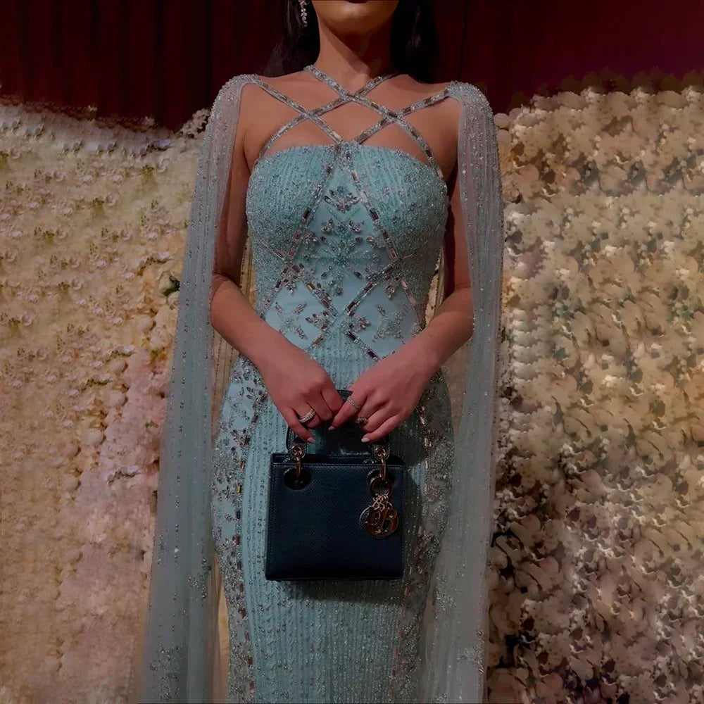 Luxuriöses aqua-lila Meerjungfrau-Abendkleid mit Cape-Ärmeln LA71905
