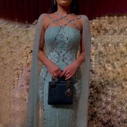 Luxuriöses aqua-lila Meerjungfrau-Abendkleid mit Cape-Ärmeln LA71905