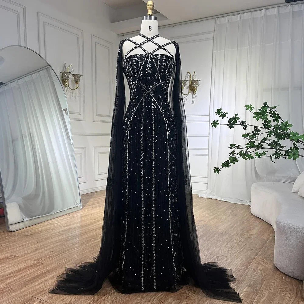 Luxuriöses aqua-lila Meerjungfrau-Abendkleid mit Cape-Ärmeln LA71905