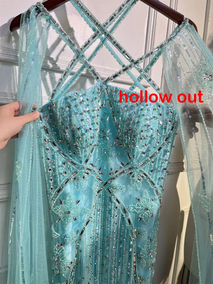 Luxuriöses aqua-lila Meerjungfrau-Abendkleid mit Cape-Ärmeln LA71905