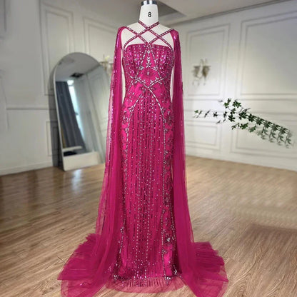 Luxuriöses aqua-lila Meerjungfrau-Abendkleid mit Cape-Ärmeln LA71905