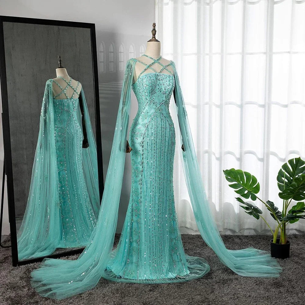 Luxuriöses aqua-lila Meerjungfrau-Abendkleid mit Cape-Ärmeln LA71905