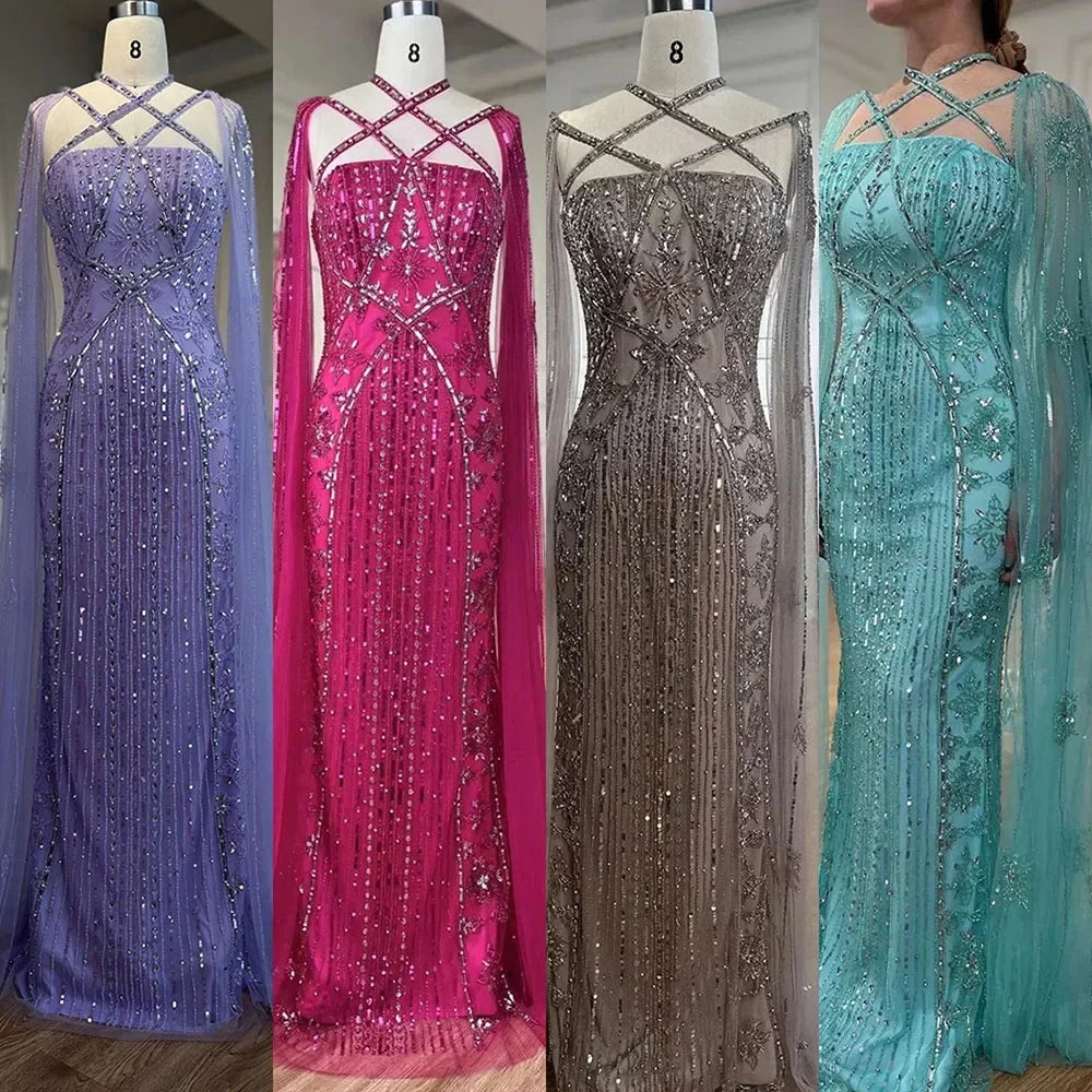 Luxuriöses aqua-lila Meerjungfrau-Abendkleid mit Cape-Ärmeln LA71905