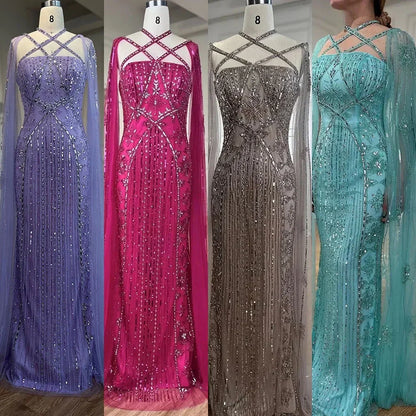 Luxuriöses aqua-lila Meerjungfrau-Abendkleid mit Cape-Ärmeln LA71905