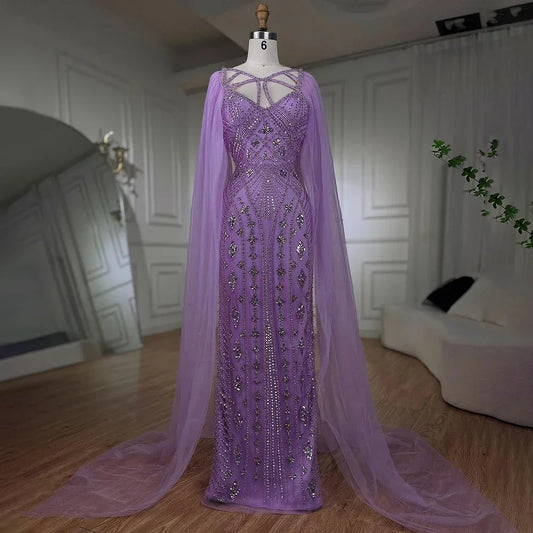 Vestidos de noche elegantes de sirena de Dubái, de lujo, con chal lila y cuentas, para mujer, 2025, para fiesta, LA72186 
