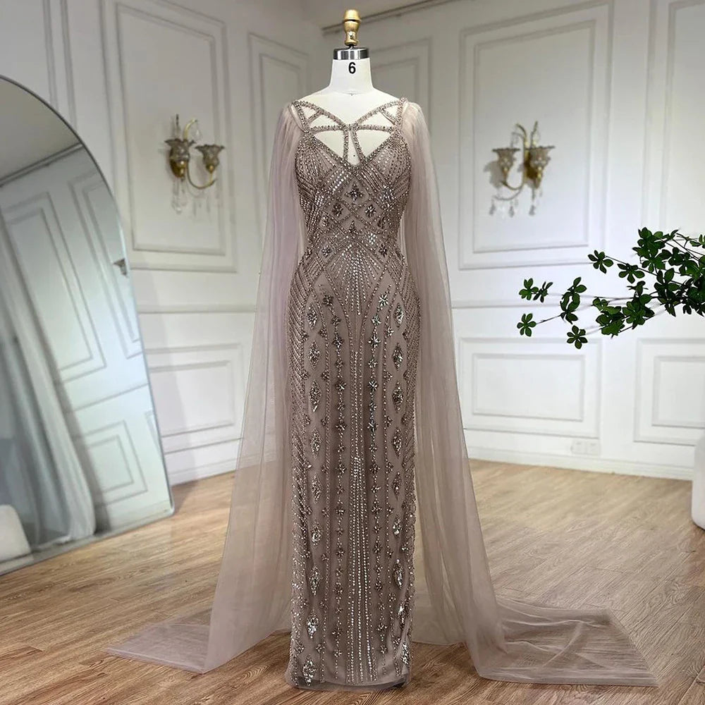 Vestidos de noche elegantes de sirena de Dubái, de lujo, con chal lila y cuentas, para mujer, 2025, para fiesta, LA72186 