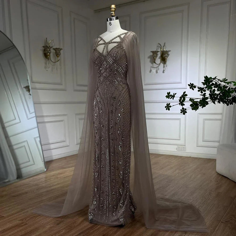Arabic Luxury Dubai Mermaid Elegant Lilac Shawl Yarn Beaded Evening Dresses Gowns 2025 For Women Party LA72186