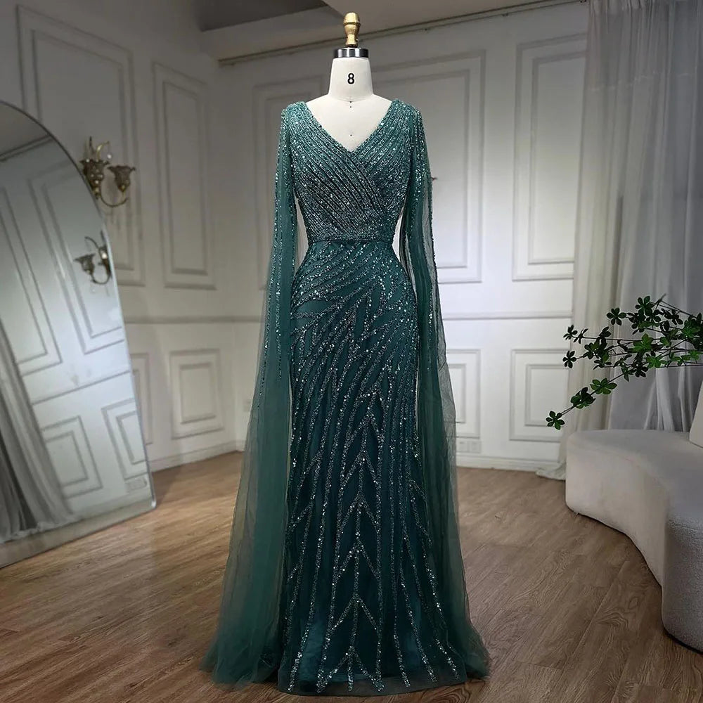 Vestido de noche elegante de lujo con mangas estilo capa y cuentas azules de sirena árabe para mujer, para fiesta de boda 2025 LA71493A 