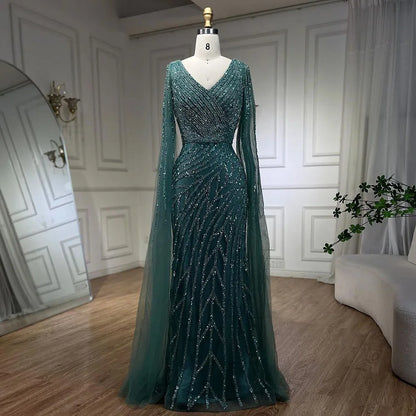 Vestido de noche elegante de lujo con mangas estilo capa y cuentas azules de sirena árabe para mujer, para fiesta de boda 2025 LA71493A 