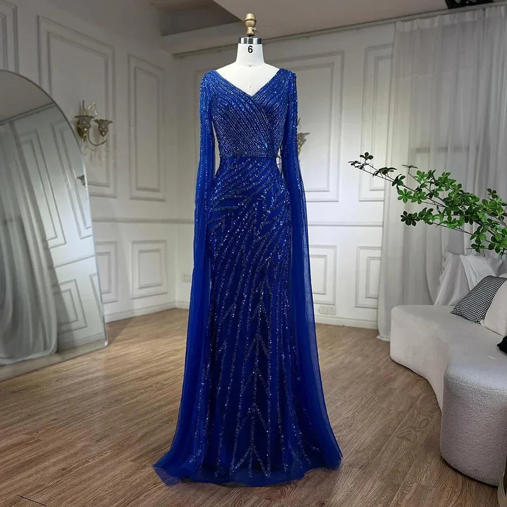 Vestido de noche elegante de lujo con mangas estilo capa y cuentas azules de sirena árabe para mujer, para fiesta de boda 2025 LA71493A 