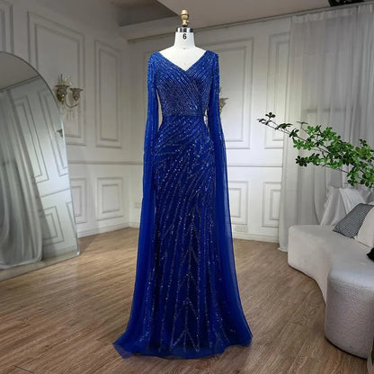 Vestido de noche elegante de lujo con mangas estilo capa y cuentas azules de sirena árabe para mujer, para fiesta de boda 2025 LA71493A 