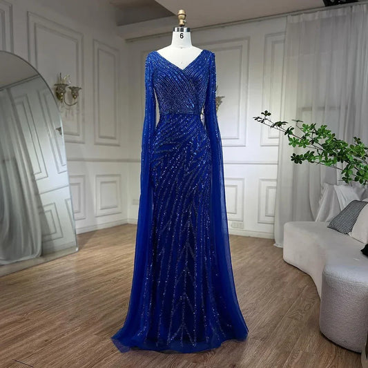 Vestido de noche elegante de lujo con mangas estilo capa y cuentas azules de sirena árabe para mujer, para fiesta de boda 2025 LA71493A 