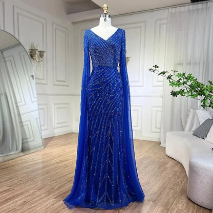 Vestido de noche elegante de lujo con mangas estilo capa y cuentas azules de sirena árabe para mujer, para fiesta de boda 2025 LA71493A 
