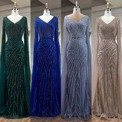 Vestido de noche elegante de lujo con mangas estilo capa y cuentas azules de sirena árabe para mujer, para fiesta de boda 2025 LA71493A 