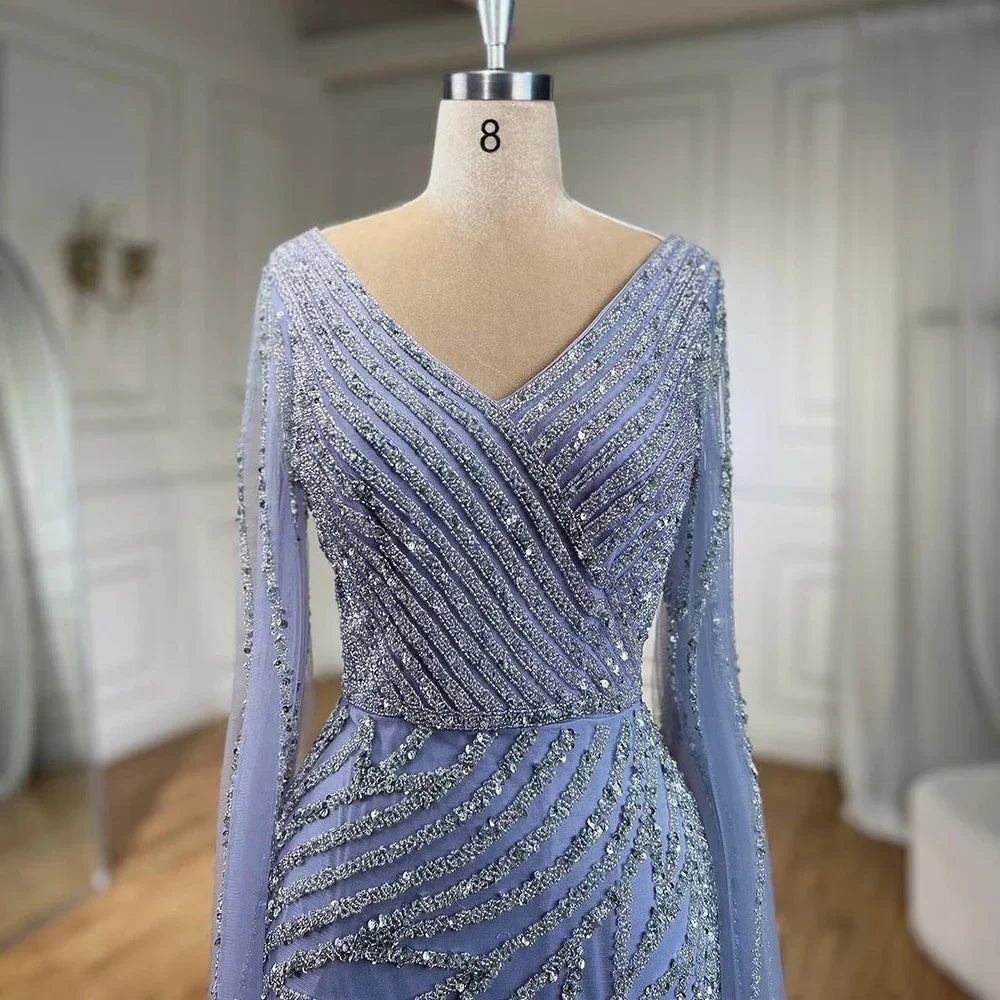 Vestido de noche elegante de lujo con mangas estilo capa y cuentas azules de sirena árabe para mujer, para fiesta de boda 2025 LA71493A 